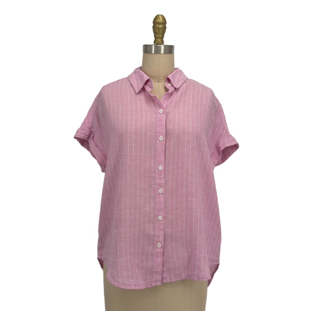 Lola River Linen Blend Short Sleeve Button Up Small Pink Pinstripe